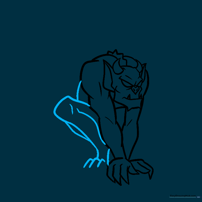Gargoyle drawing with one bent leg and clawed foot added.