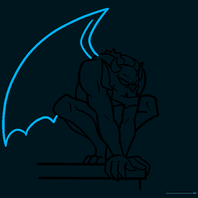 Gargoyle drawing with a large, bat-like wing added to the left side.