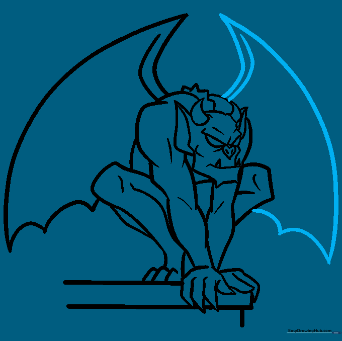 Gargoyle drawing with symmetrical bat wings on both sides.