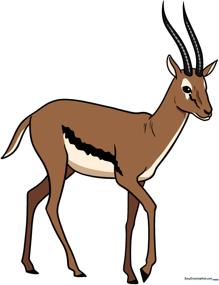 Colorful illustration of a cartoon gazelle standing in a savanna setting.