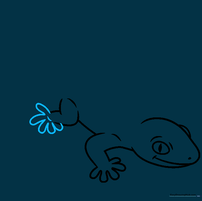 Drawing the gecko's rear toes using rounded U-shaped lines.