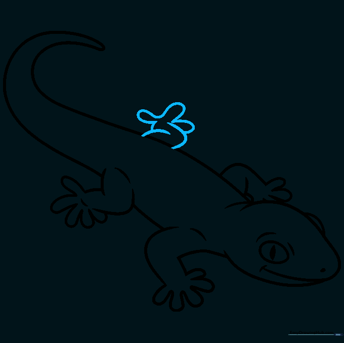 Finalizing the gecko outline by adding the last rear leg.