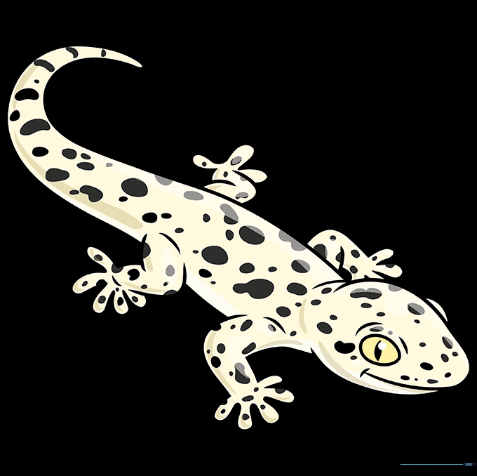 Finished gecko drawing colored with vibrant green and orange patterns.