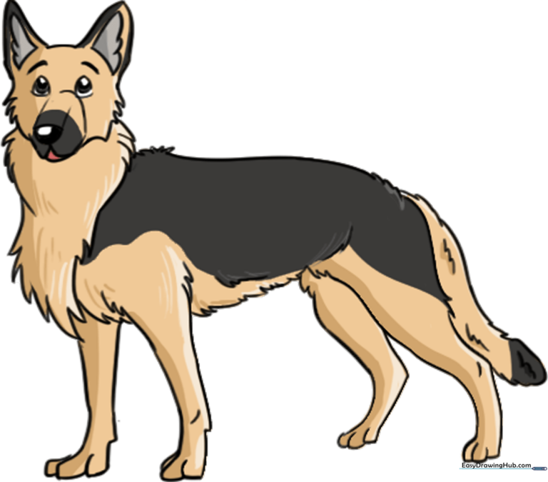 A colorful, friendly cartoon German Shepherd standing proudly.