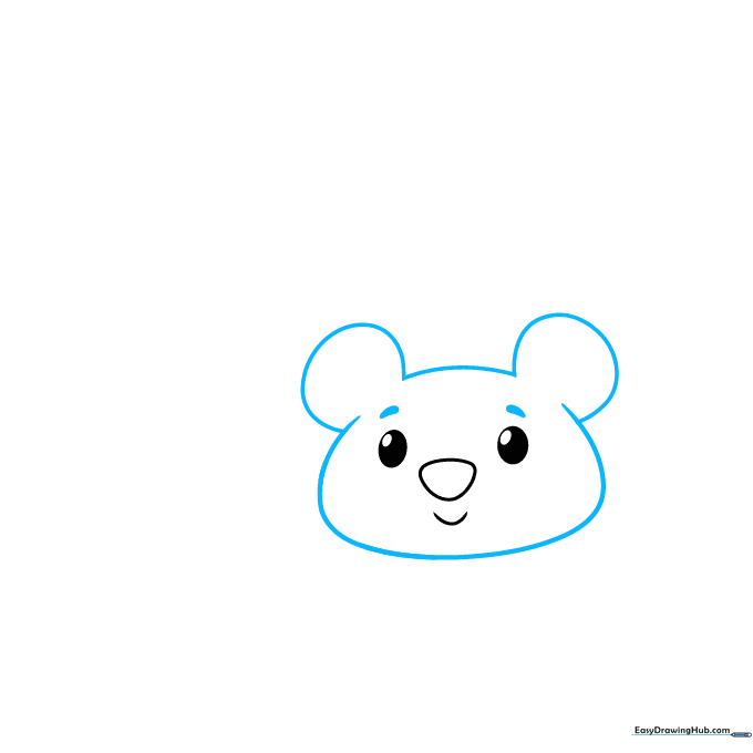 Drawing the outline of a teddy bear head with rounded ears and thick eyebrows.