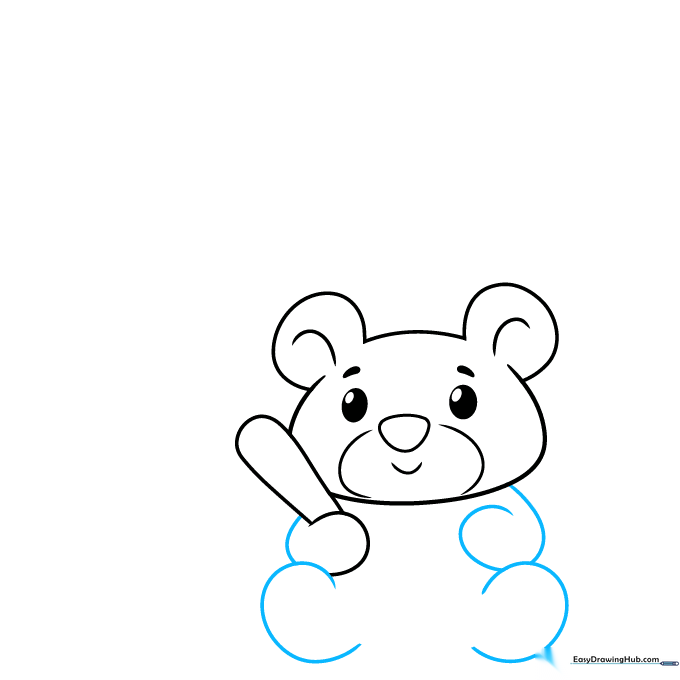 Sketching the arms and legs of the teddy bear using simple curved lines.