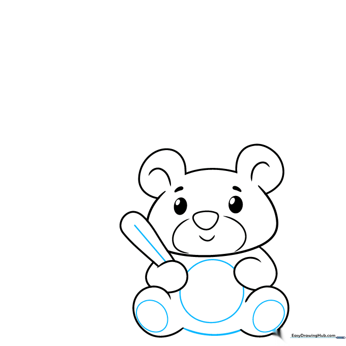 Adding belly and foot details to the teddy bear drawing.