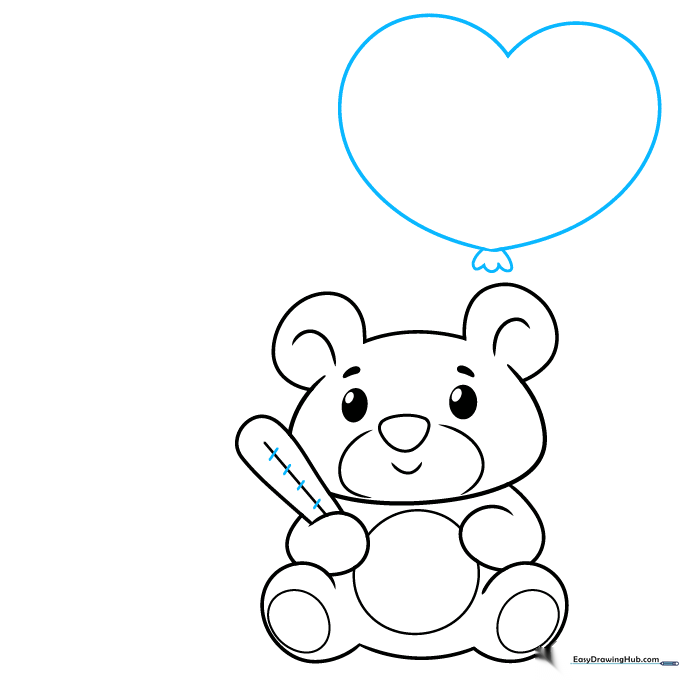 Drawing a heart-shaped balloon floating above the teddy bear.