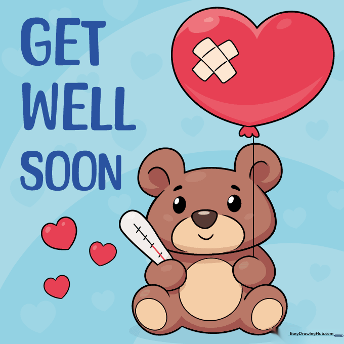 The final colored version of the Get Well Soon card featuring a teddy bear.