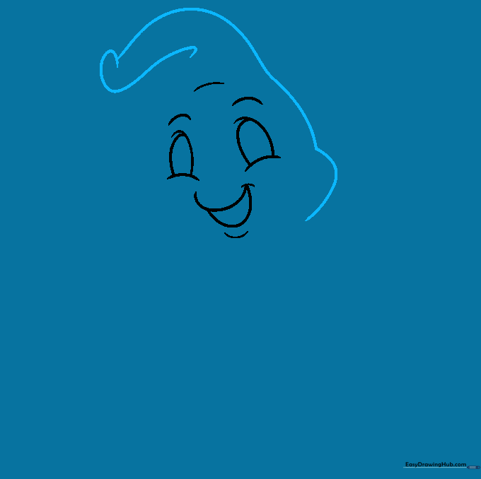 Sketching the top of the ghost's head with a rounded, flowing line.