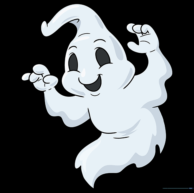 The finished ghost drawing with clean outlines and subtle grey shading.