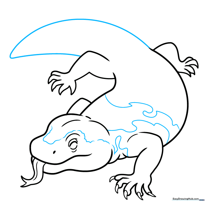 Gila monster drawing showing the thick tail and initial body spots.