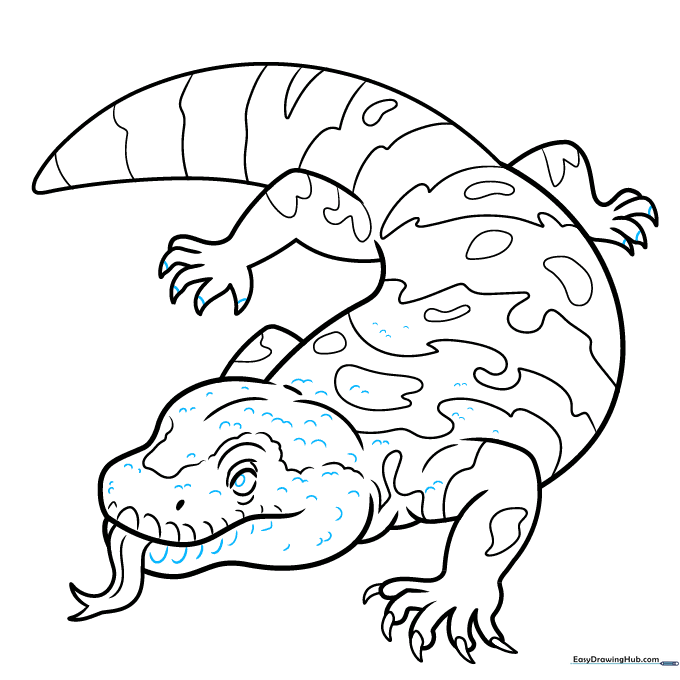 Completed Gila monster line art with detailed scale textures.
