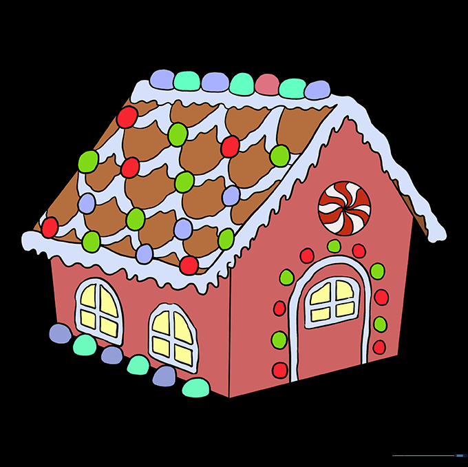 The completed gingerbread house drawing, fully colored with festive holiday colors.