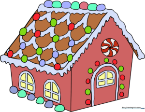 A colorful, finished drawing of a festive gingerbread house with candy decorations.