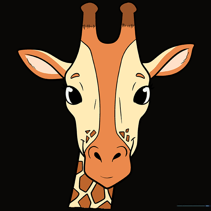 Finished, colorful cartoon giraffe head with brown spots and tan fur.