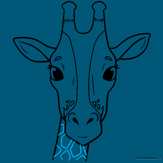 Finalizing the giraffe drawing by adding spots to the neck area.