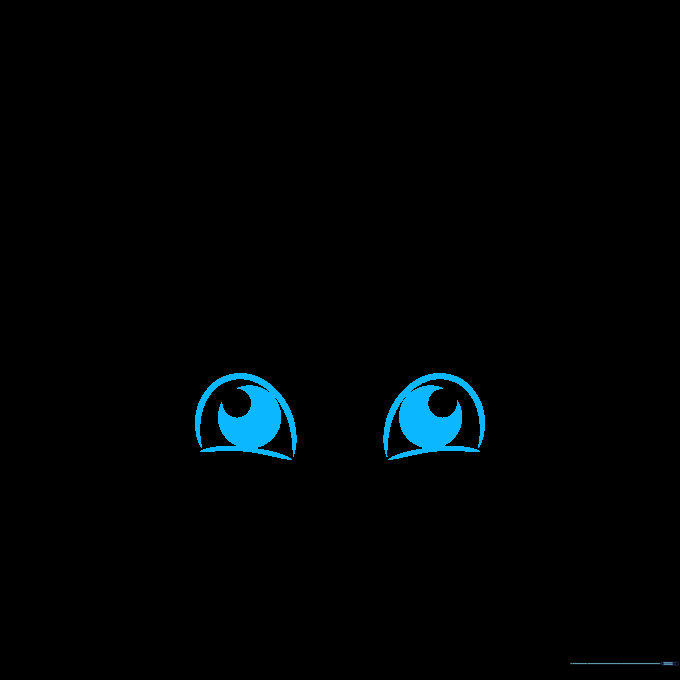 Close-up of two cartoon eyes with pupils and eyelashes being drawn on white paper.