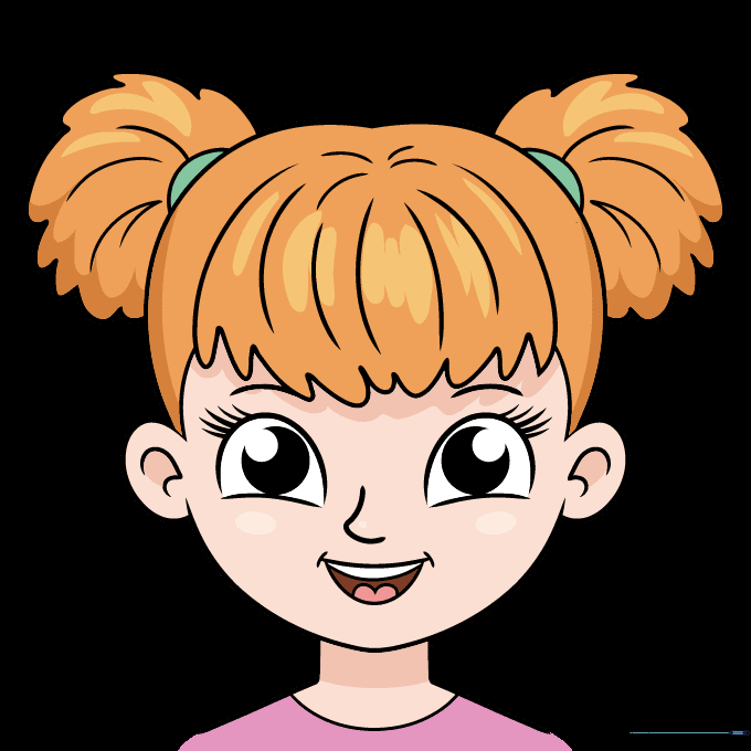 The finished, fully colored cartoon girl face drawing.