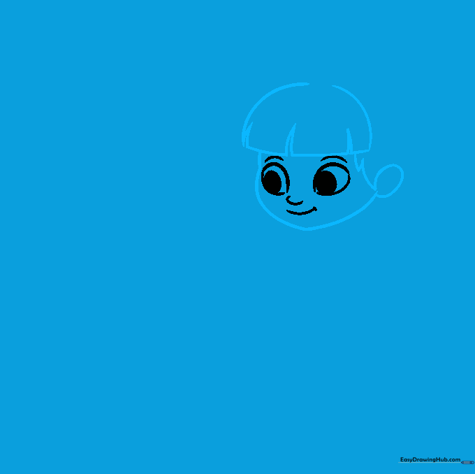 Drawing the girl's face shape, bangs, and one ear using curved lines to create a cartoon hairstyle.