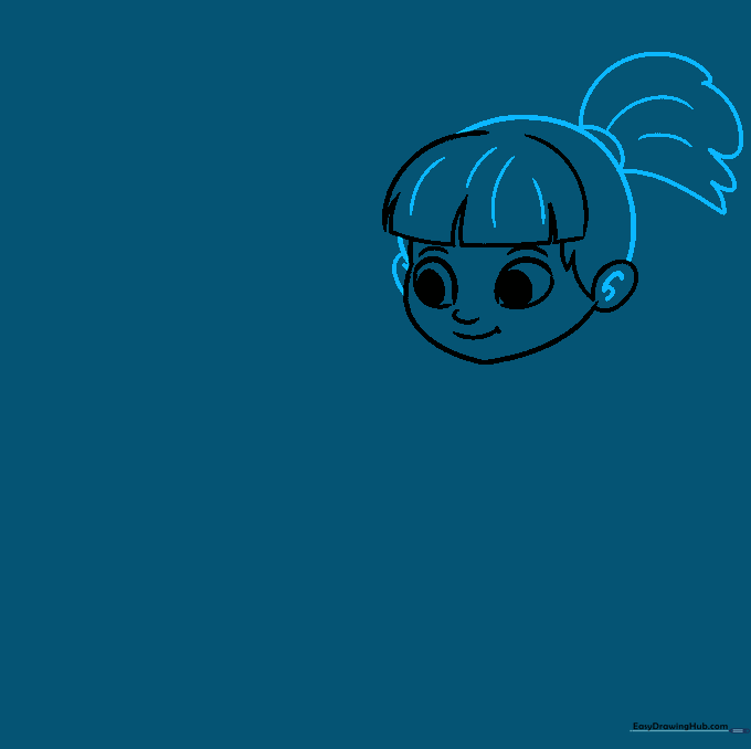 Adding a ponytail and hair details to the cartoon girl's head using connected curved lines.