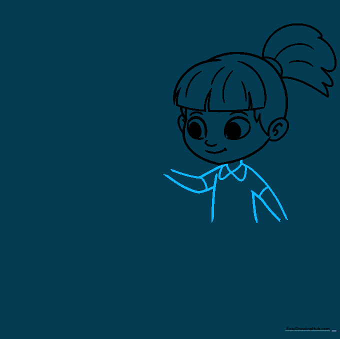 Outlining the girl's shoulders, arms, and shirt collar with simple curved lines.
