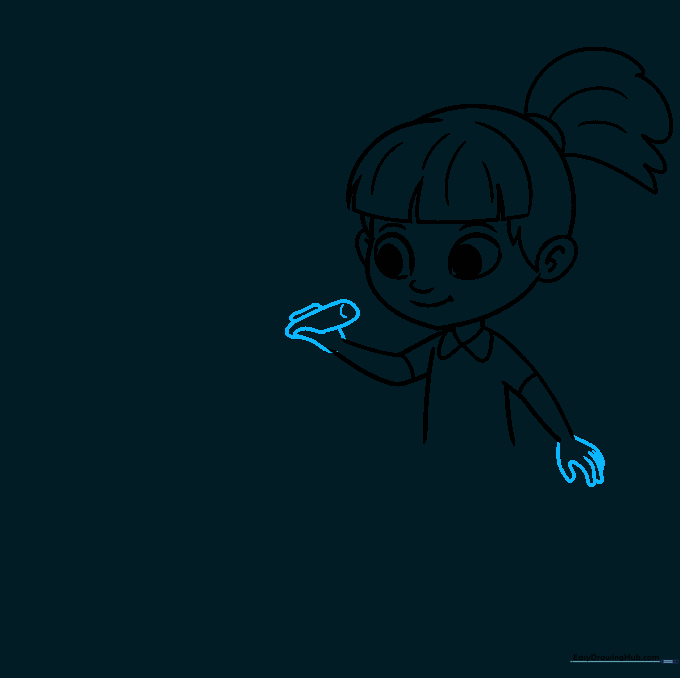 Drawing the cartoon girl's hands holding a piece of chalk represented by a 3D cylinder shape.