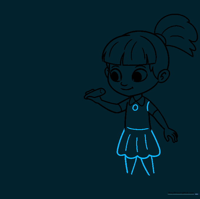 Adding a scalloped skirt and legs to the cartoon character to complete the body outline.
