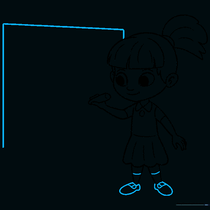 Drawing the girl's shoes with buckles and the initial rectangular frame of a classroom chalkboard.