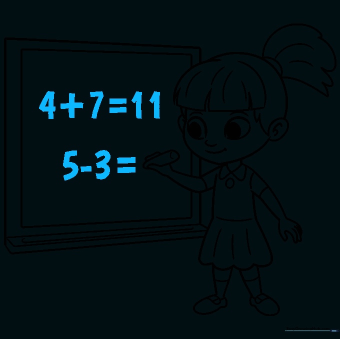 Adding math equations like 4+7=11 to the chalkboard to complete the classroom scene.