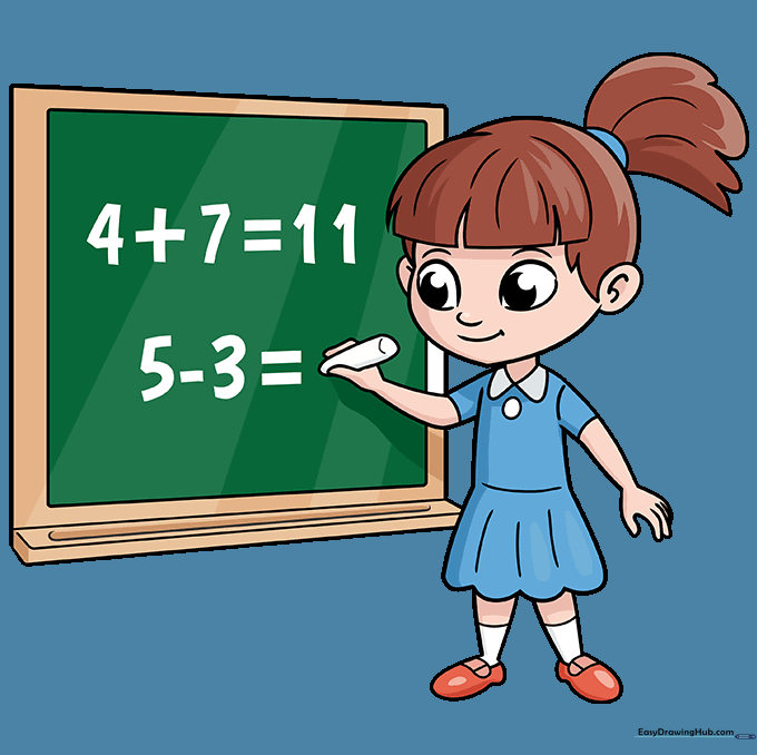 The final colored version of the girl in math class drawing with a green chalkboard and vibrant clothing.