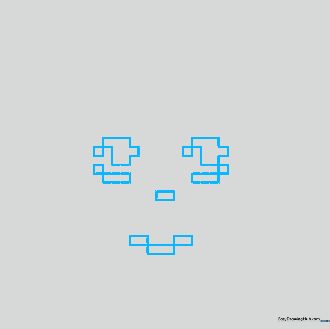 Close-up of pixel art grid showing the placement of eyes, nose, and chin blocks for a girl character.