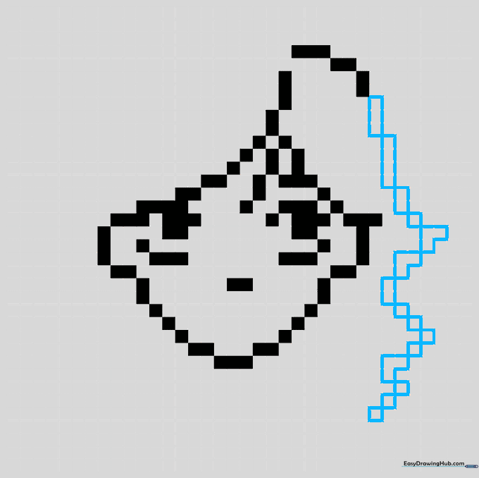 Pixel art grid showing the addition of wavy hair segments on one side of the head.