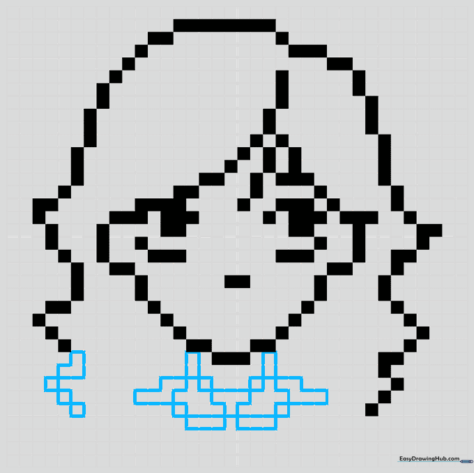 Pixel art grid showing the neck and shirt collar added to the character.