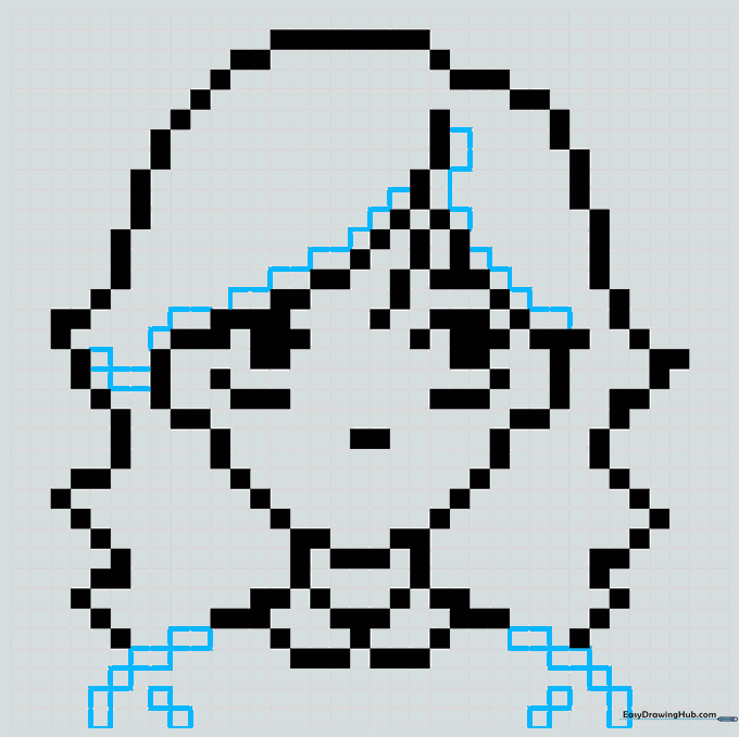 Pixel art grid showing shoulders and hair highlights added to the design.