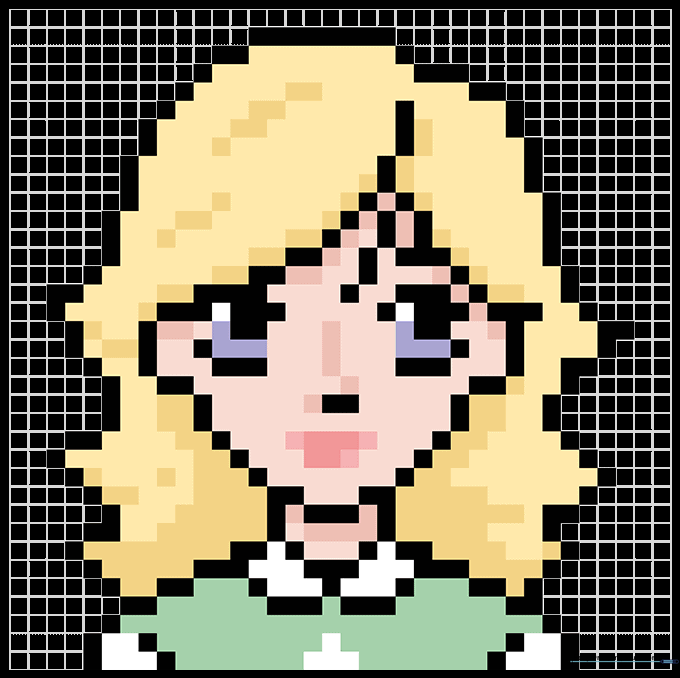 Completed girl pixel art drawing with vibrant colors applied to the grid.