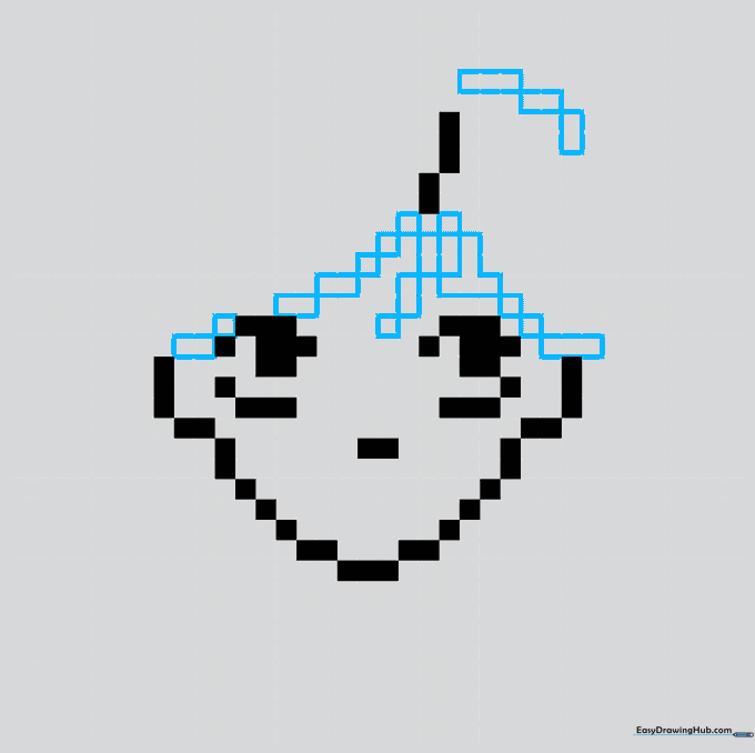 Pixel art grid showing the hair frame extending across the forehead.