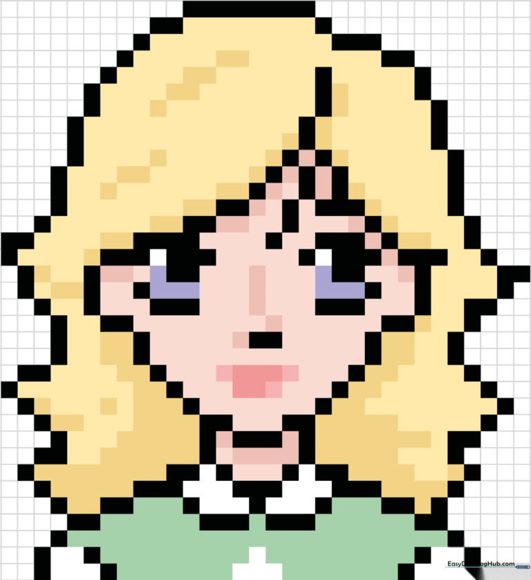 Colorful pixel art portrait of a girl, showcasing the final result of the 10-step tutorial.