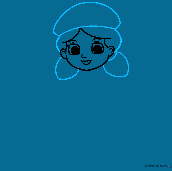 Drawing the hair, hat, and ponytail hairstyle on the Girl Scout character.