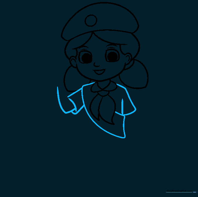 Outlining the torso, sash, and the raised arm of the Girl Scout.