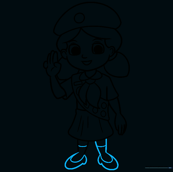 Finalizing the drawing by adding legs, socks, and shoes.