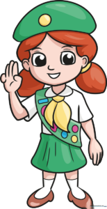 A colorful, finished illustration of a Girl Scout character, ready for a drawing tutorial.