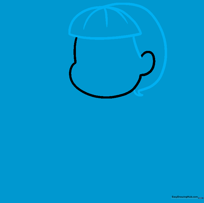 Drawing the girl's bangs and hair outline with a small curl at the neck.