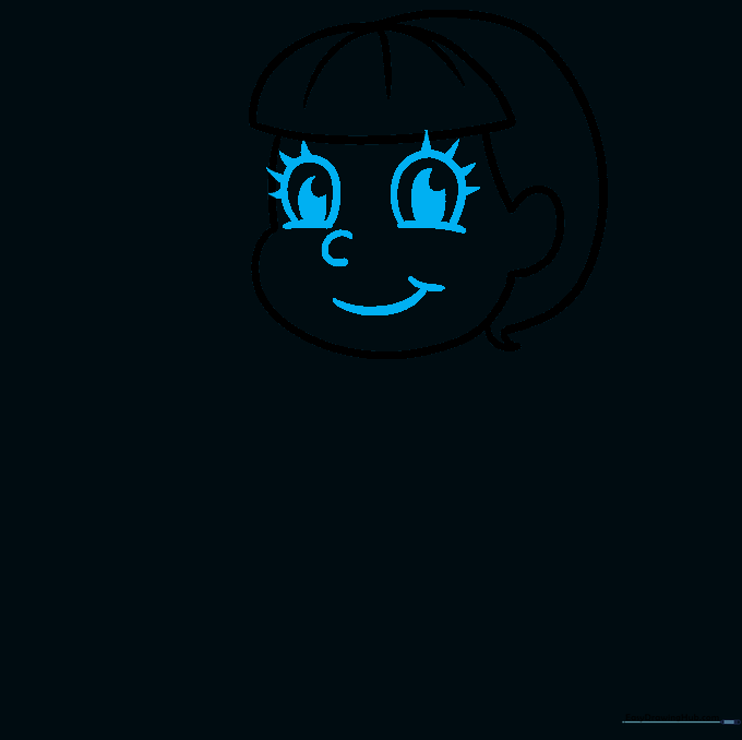Detailed facial features including large round eyes, eyelashes, nose, and a smiling mouth.