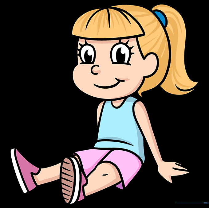 A fully colored, cheerful cartoon girl sitting down.