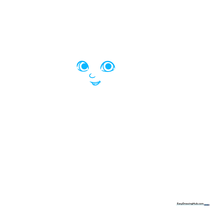 Close-up sketch of a girl superhero's eyes, nose, and smiling mouth on white paper.