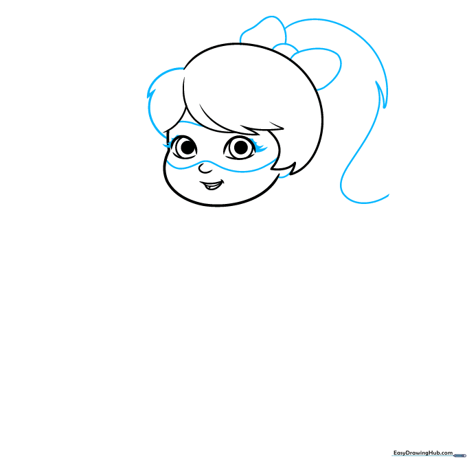 Sketch of a girl superhero wearing a mask with a ponytail and a hair bow.