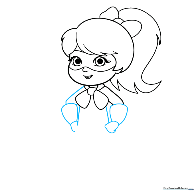 Drawing the torso and arm gauntlets of a girl superhero.