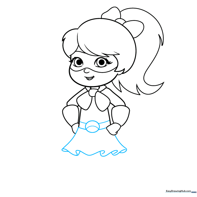 Adding a utility belt and a skirt to the superhero character sketch.