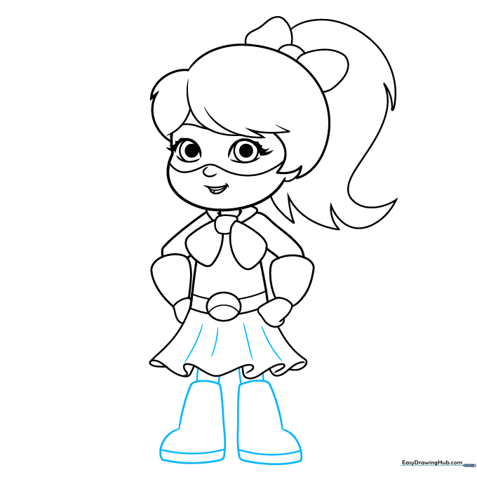 Drawing the legs and boots of the superhero character.